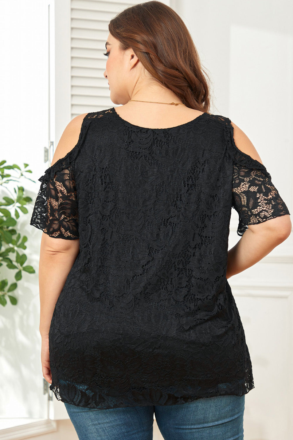 Black Floral Lace Cold Shoulder Plus Size Top