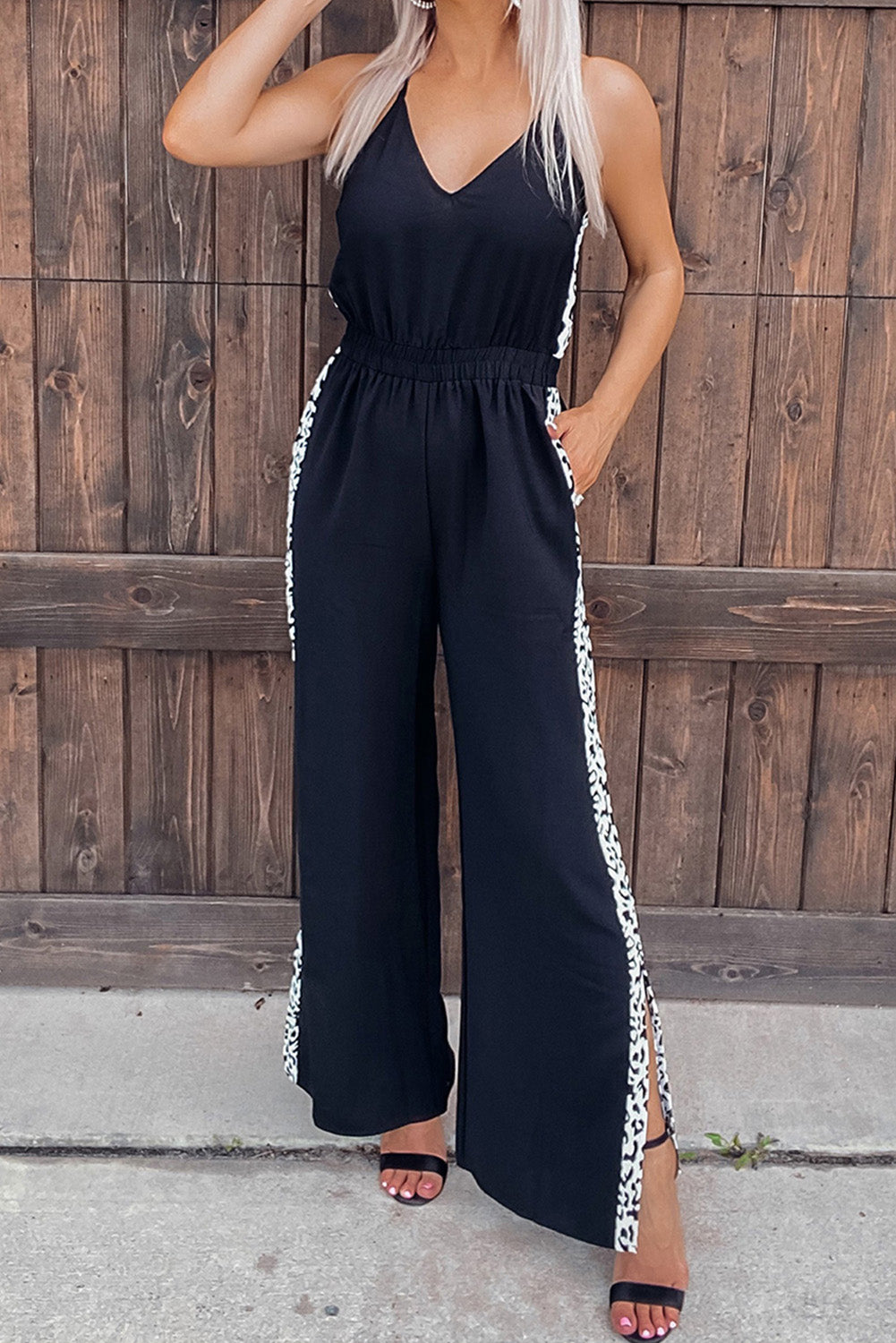 Black Leopard Patchwork Spaghetti Strap Wide Leg Jumpsuit