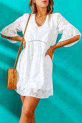 White Textured Pom Pom Trim V Neck Mini Dress