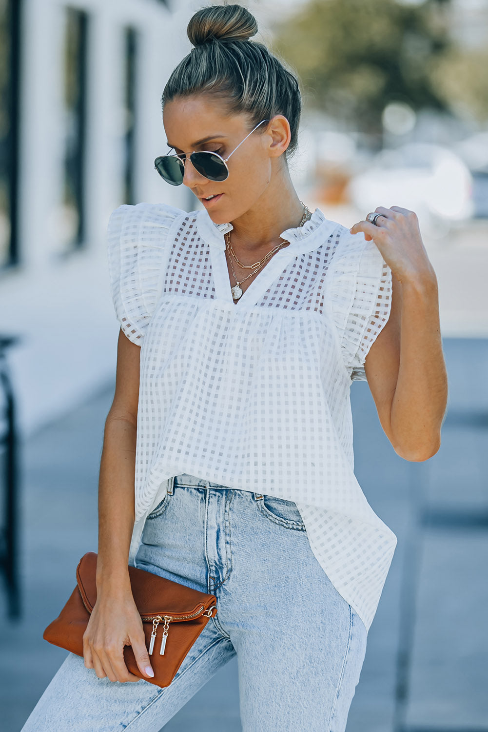 White Grid Pattern Ruffled Shoulder Top