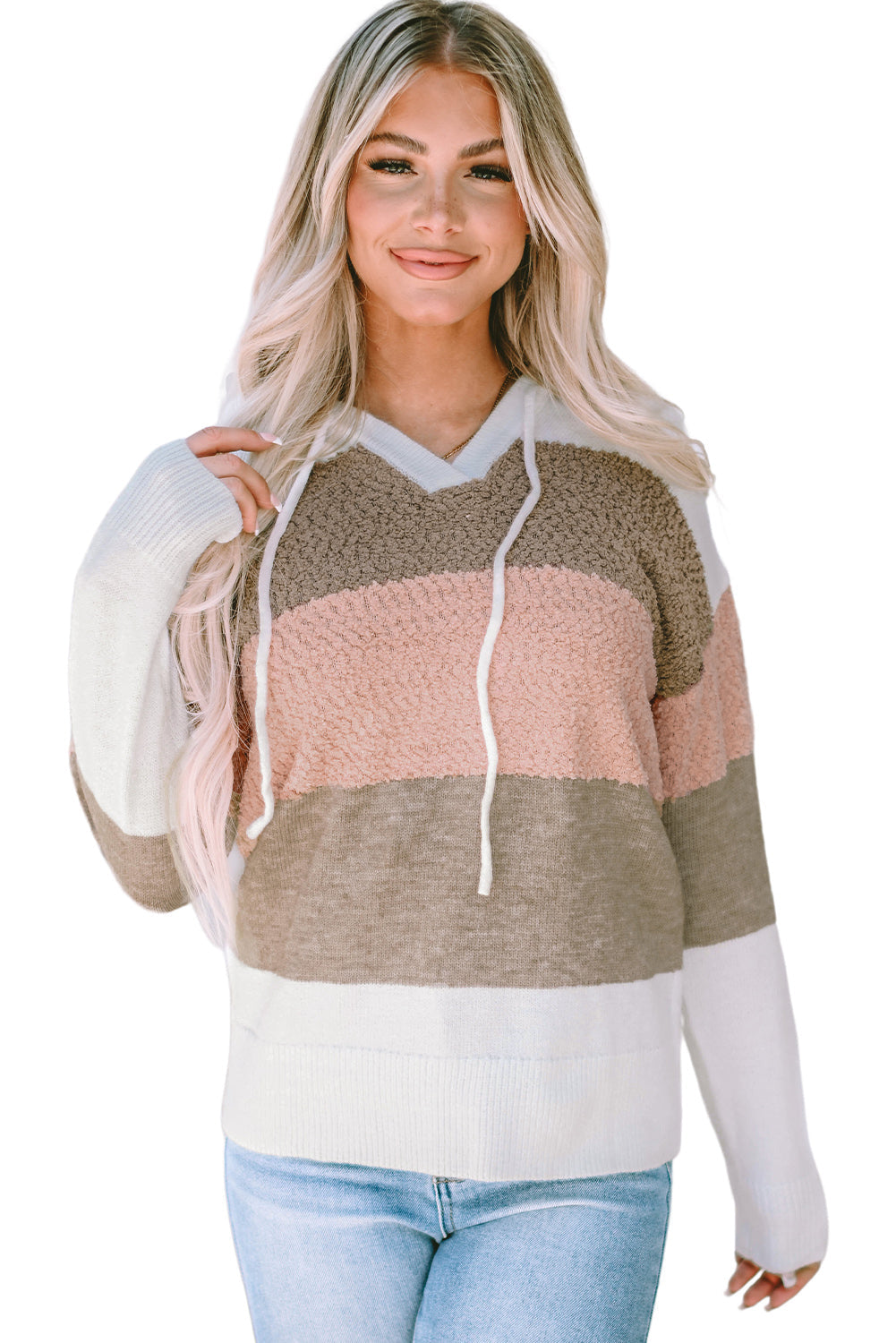 Pink Color Block Knitted Drawstring Hooded Sweater