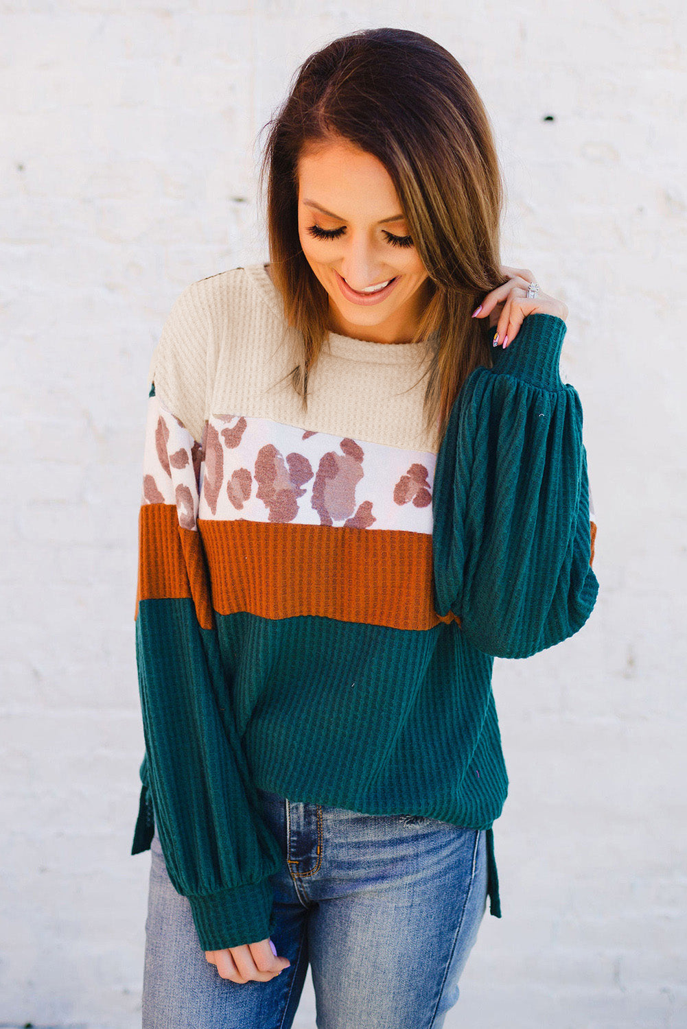 Green Leopard Color Block Waffle Knit Top