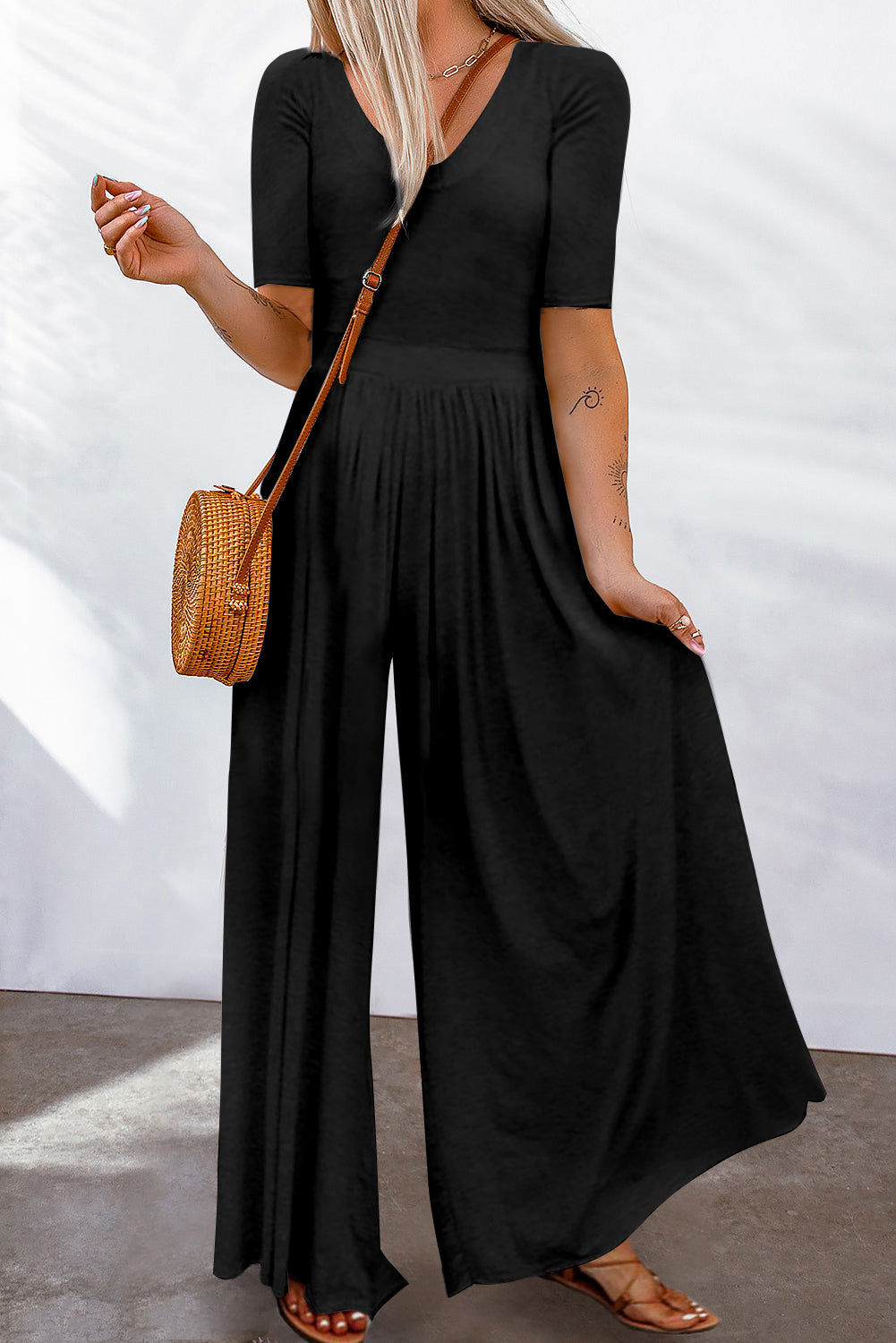 Black Short Sleeve Bodice Flowy Wide Leg Jumpsuit