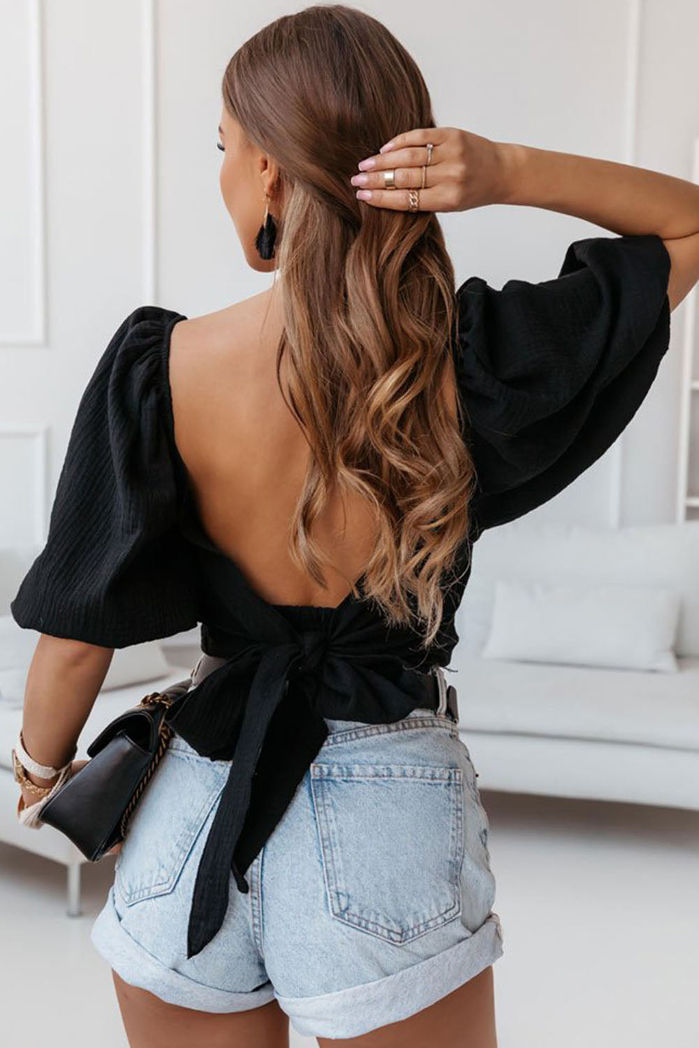 Black Square Neck Puff Sleeves Backless Crop Top with Tie