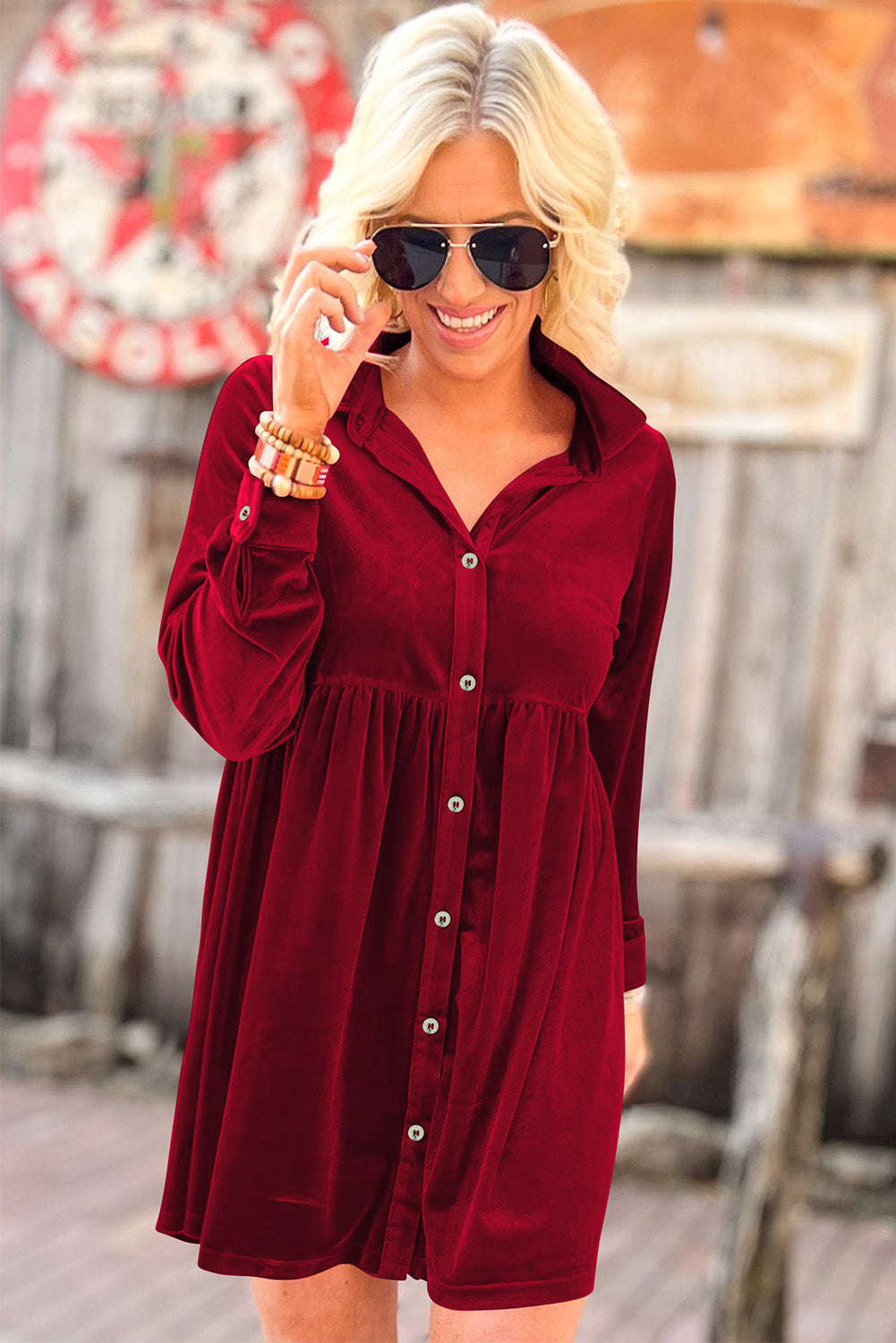 Rose Long Sleeve Ruffle Velvet Button Up Dress