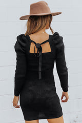 Black Square Neck Puffy Sleeve Sweater Dress