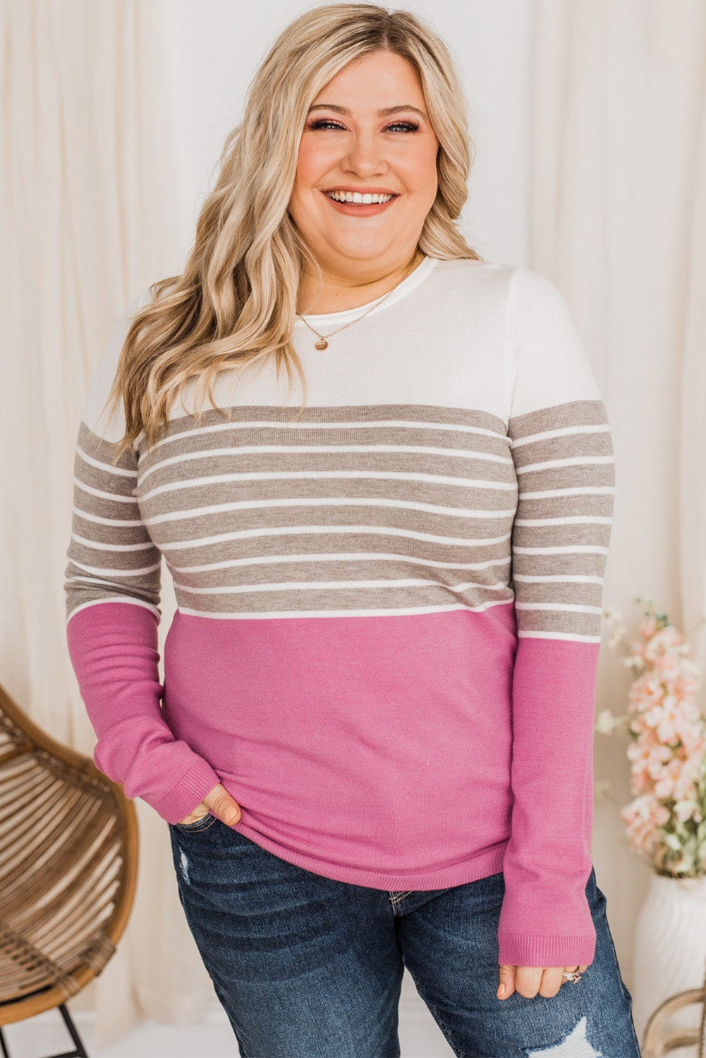 Pink Plus Size Striped Patchwork Knit Sweater