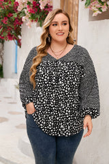 Black V Neck Cheetah Mixed Print Plus Size Blouse