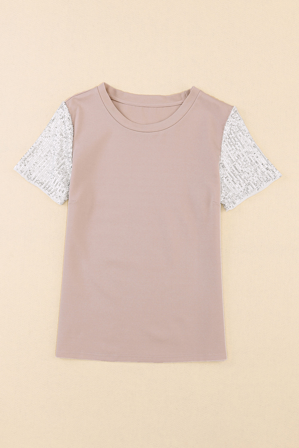 Khaki Round Neck Sequin Sleeve T Shirt