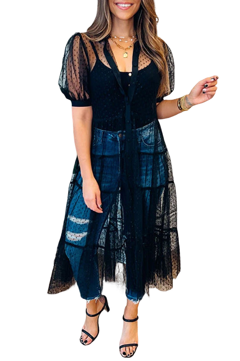 Black Polka Dot Button Up Short Sleeve Sheer Kimono