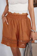 Brown Smocked Waist Crochet Hem Casual Loose Shorts