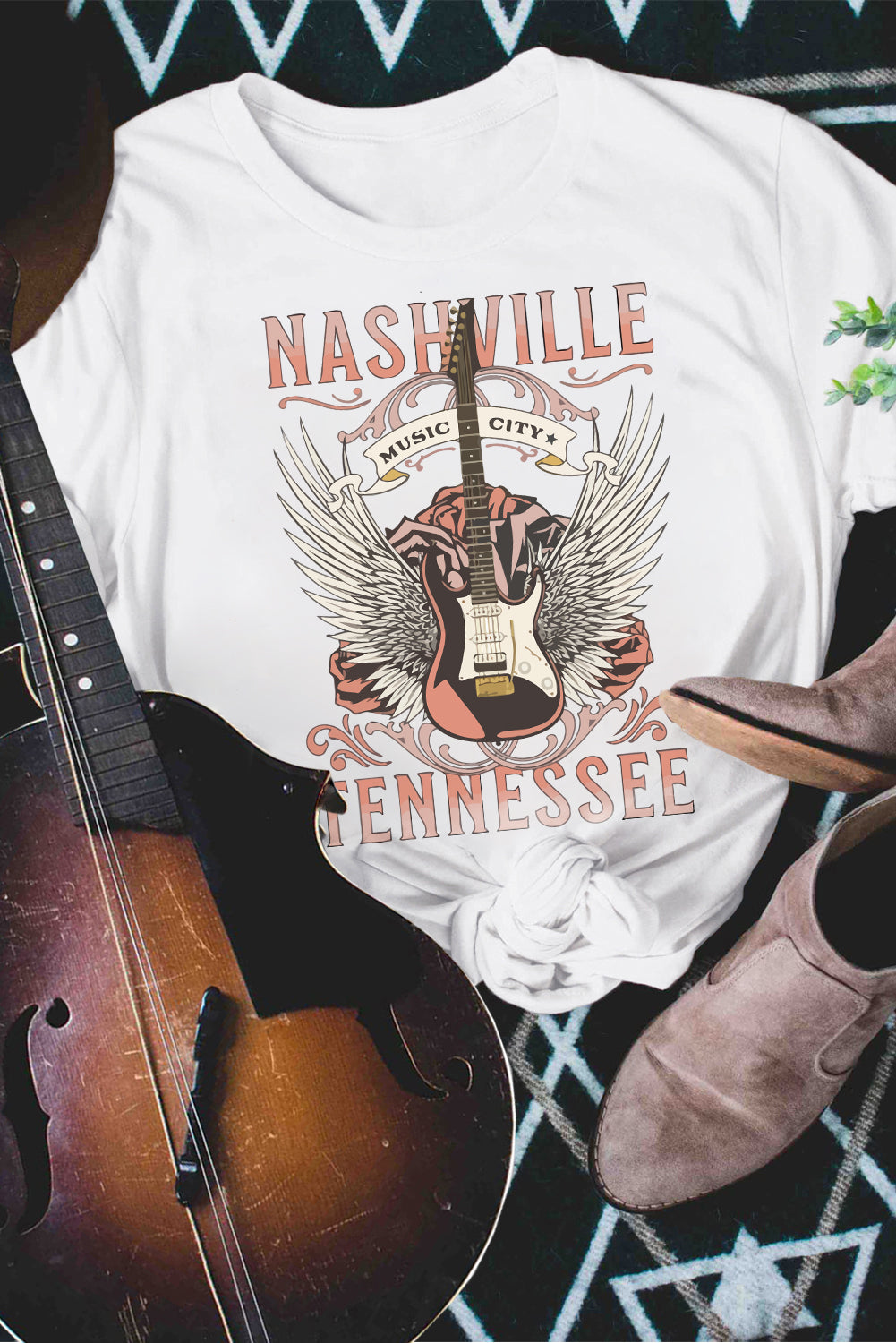 White Dreamy Music City Guitar Graphic Print Tee