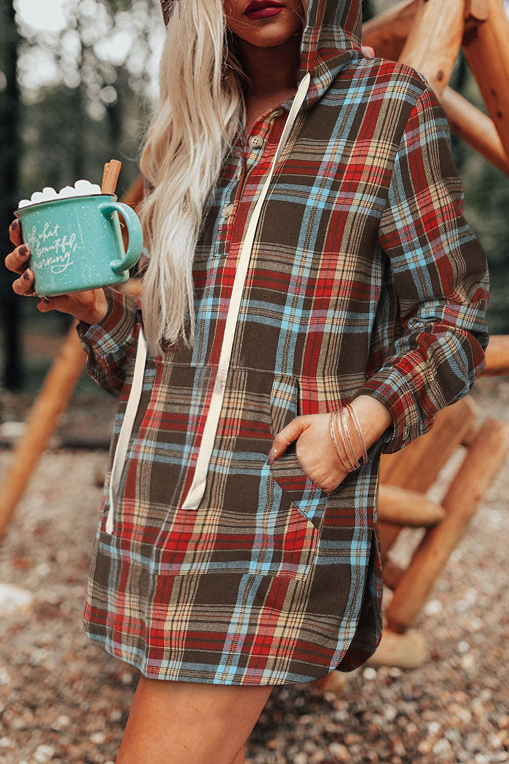 Brown Plaid Split Side Button Hooded Dress