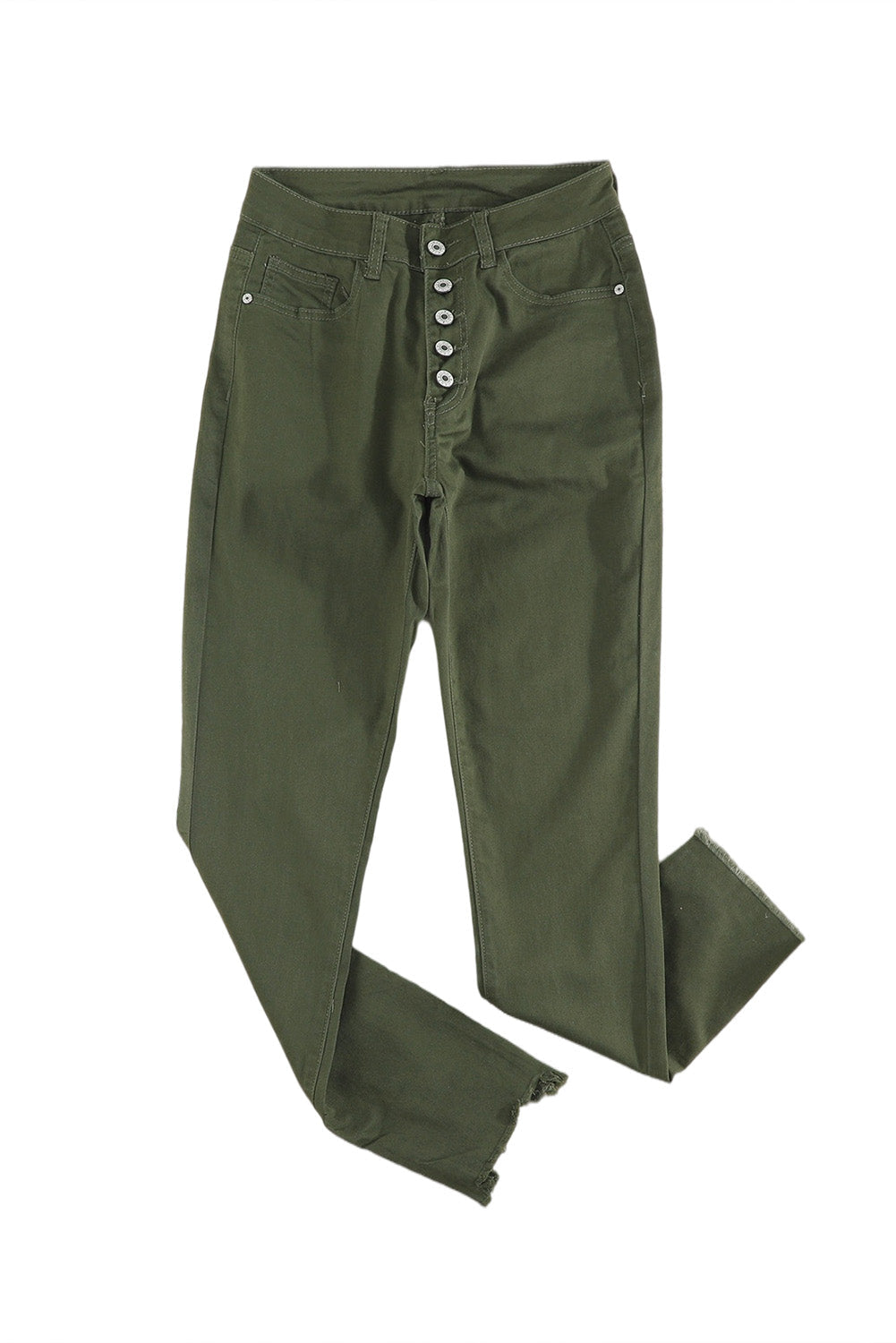 Green Plain High Waist Buttons Frayed Cropped Denim Jeans