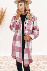 Rose Tan Plaid Button-Down Flap Pocket Long Shacket