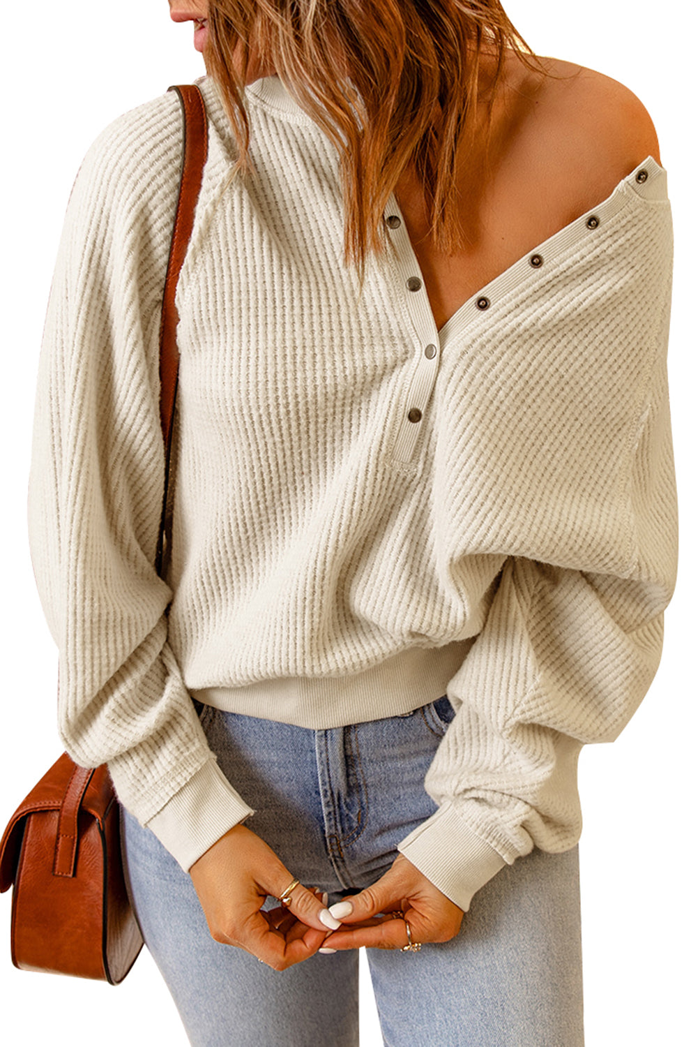 Beige Snap Button V-Neck Waffle Knit Top