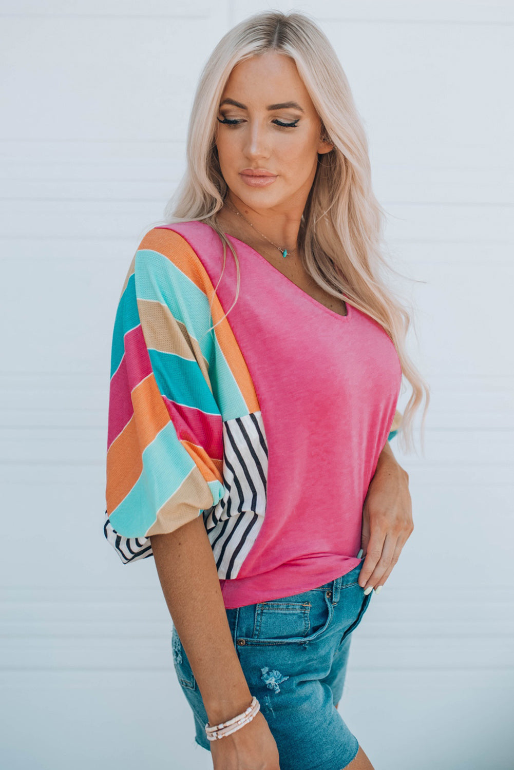 Rose Stripe Color Block Bubble Sleeve Top