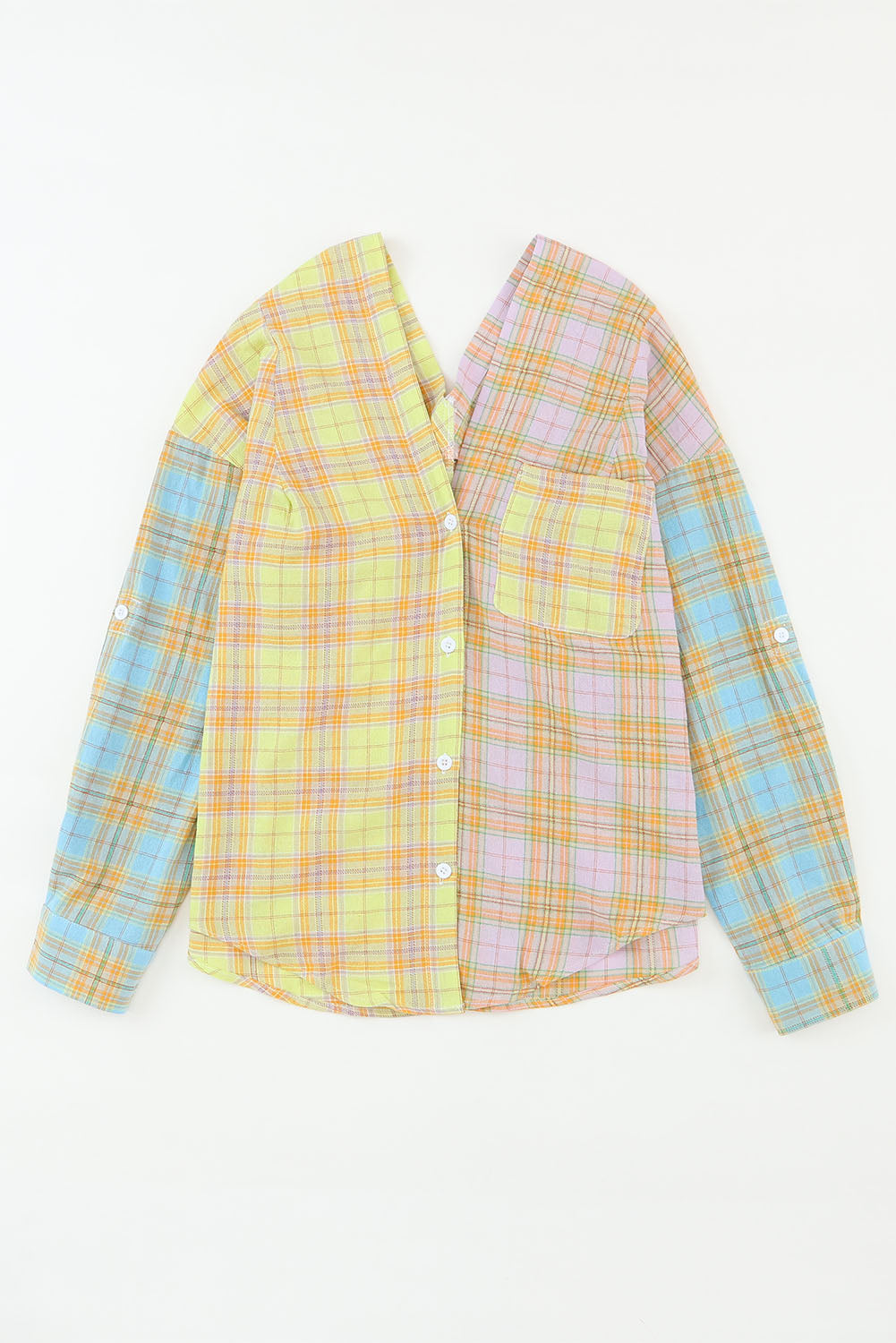 Yellow Mixed Plaid Long Sleeve V Neck Buttoned Shirt