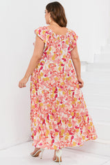 Orange Floral Print Shirred Ruffled Sleeveless Plus Size Dress