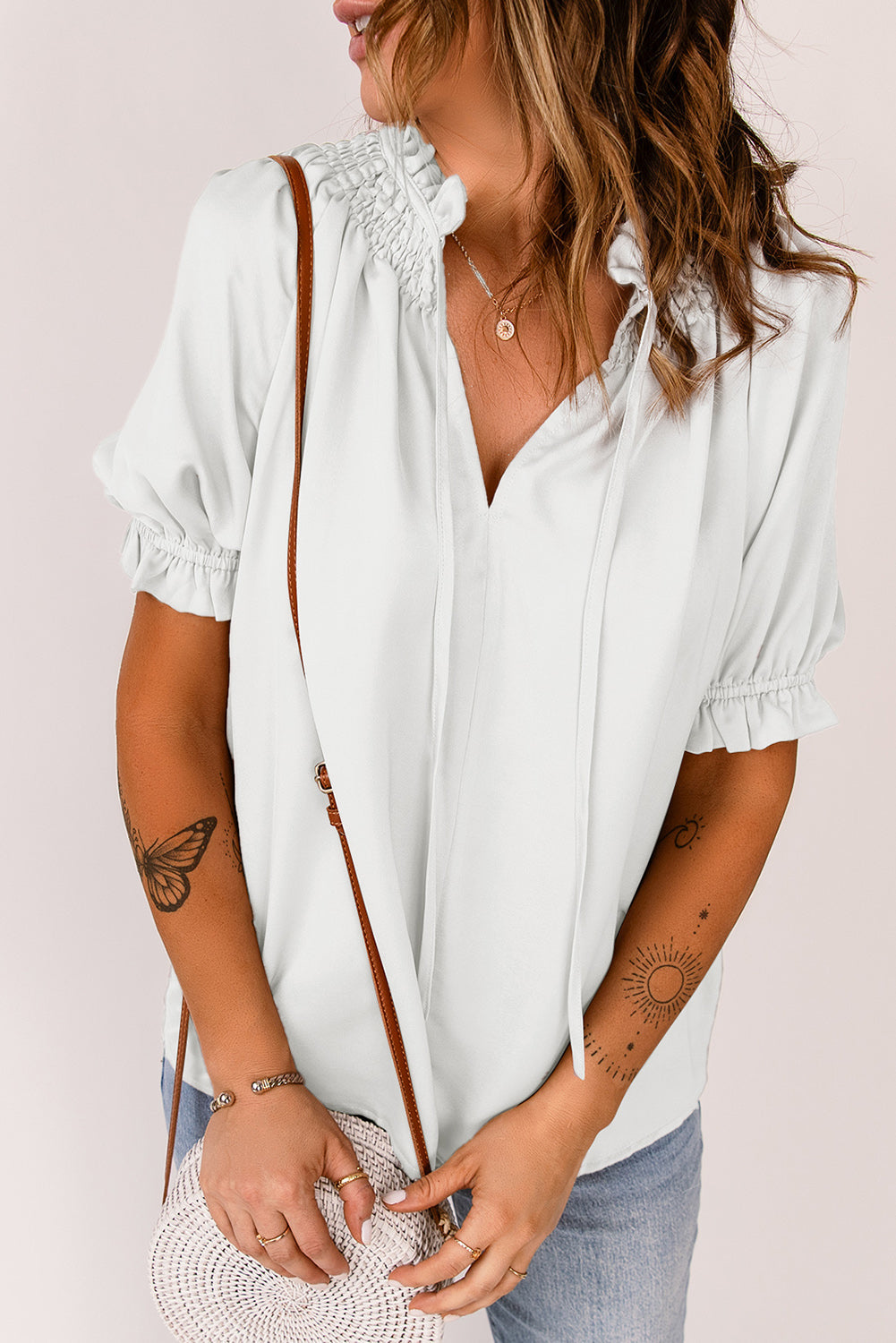 White Split Frill Neck Puff Sleeve Blouse