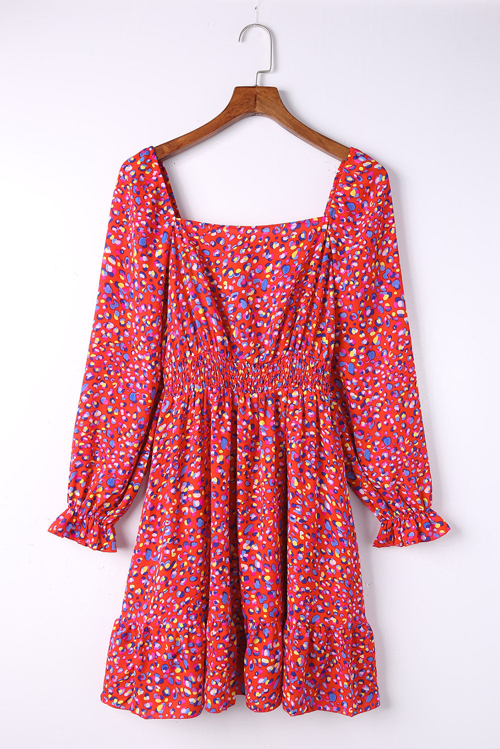 Red Square Neck Spring Floral Dress