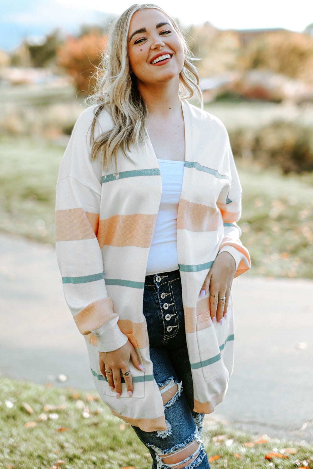 White Striped Knit Side Pockets Plus Size Cardigan