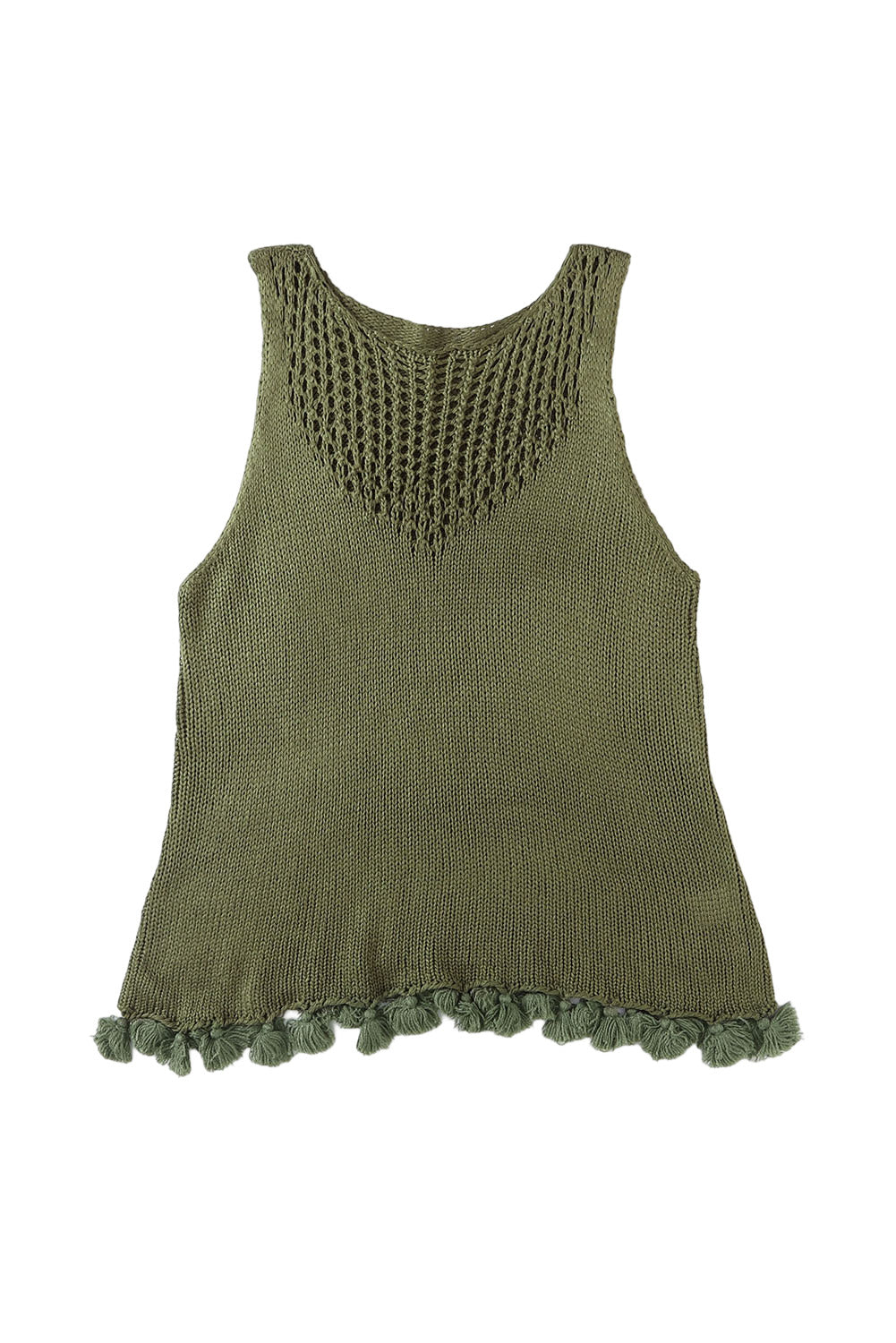 Green Tasseled Crochet Hollow-out Knit Tank