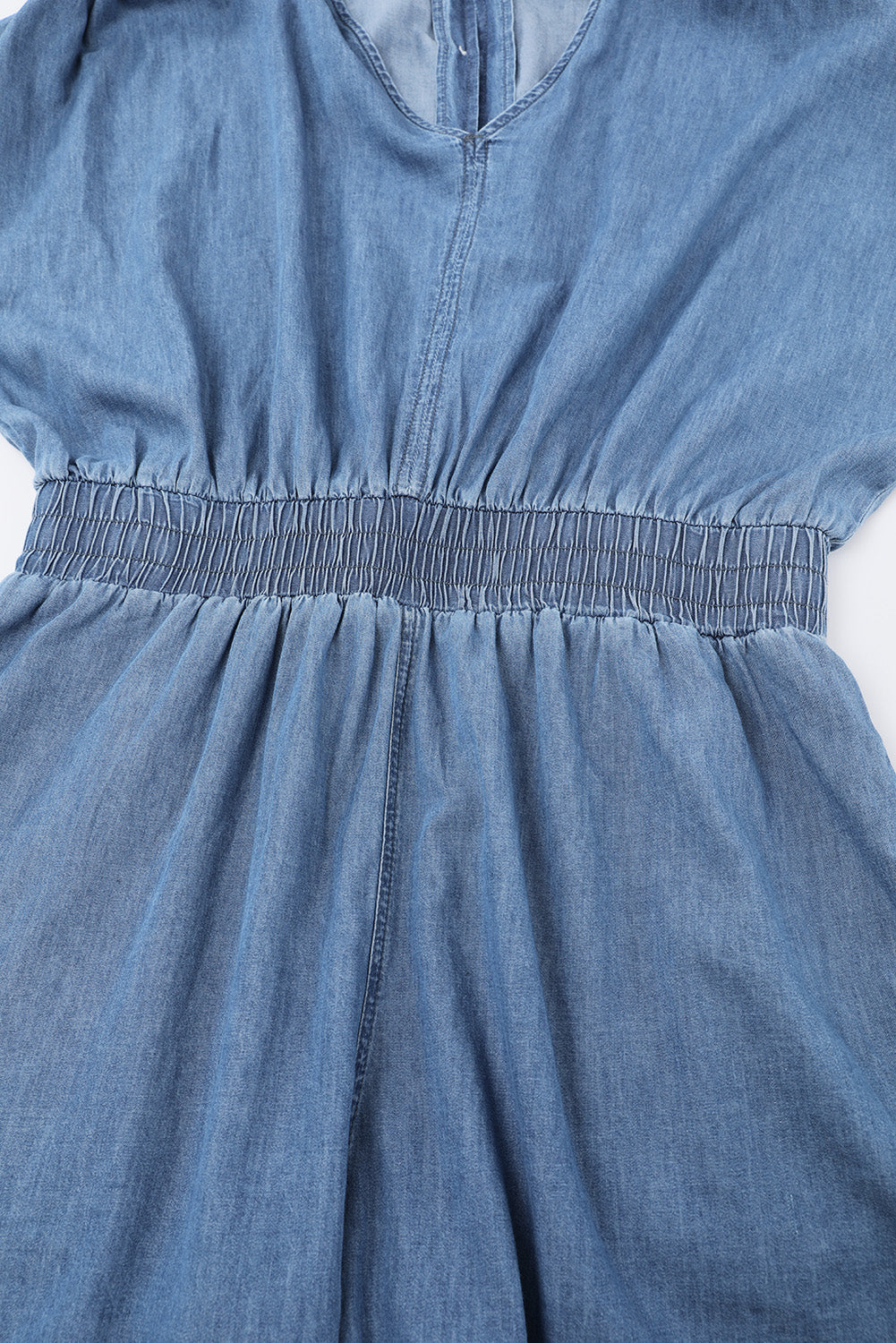 Sky Blue V Neck Smocked Waist Pocketed Chambray Romper