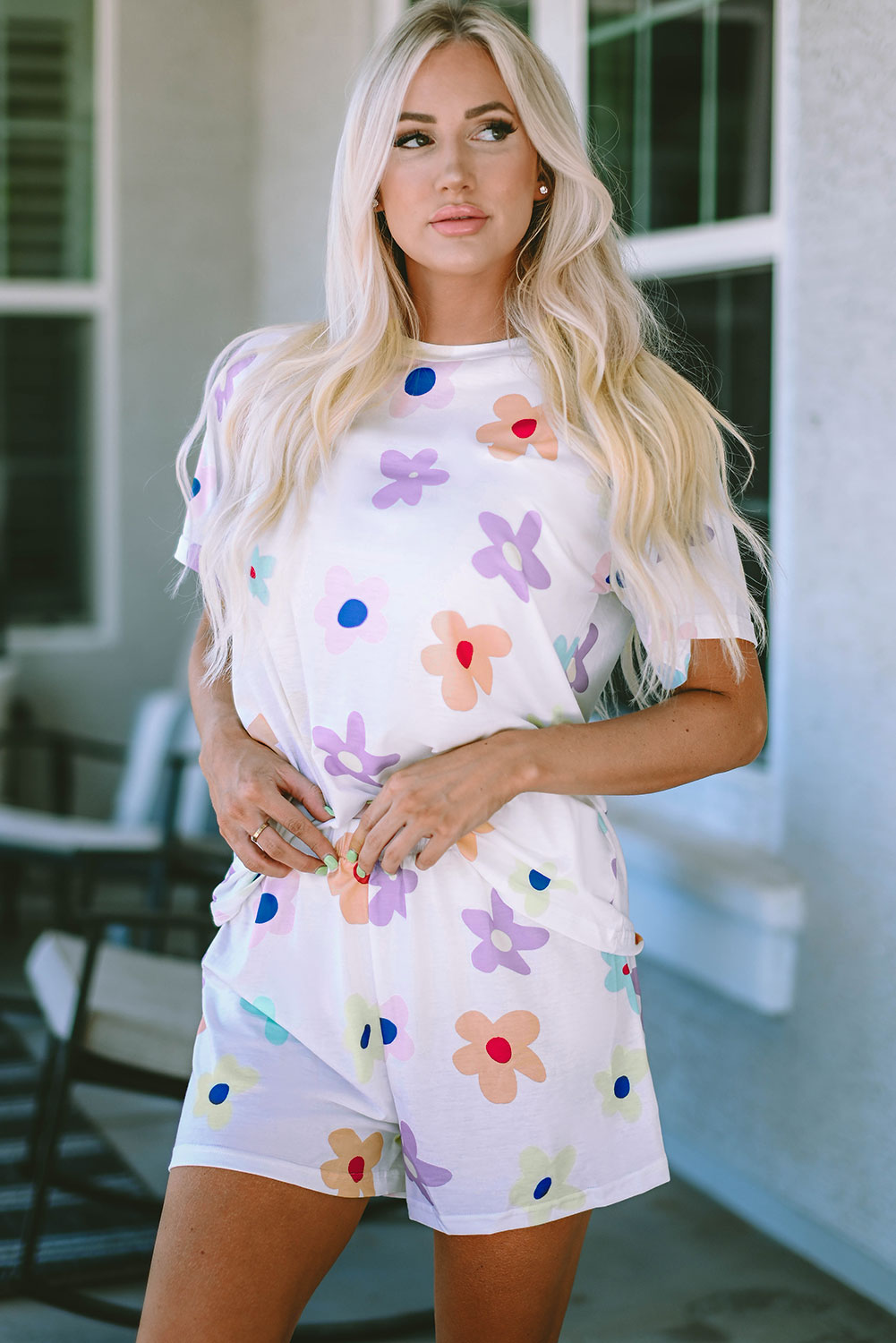 White Flower Print Notch V-Neck Flutter Tank