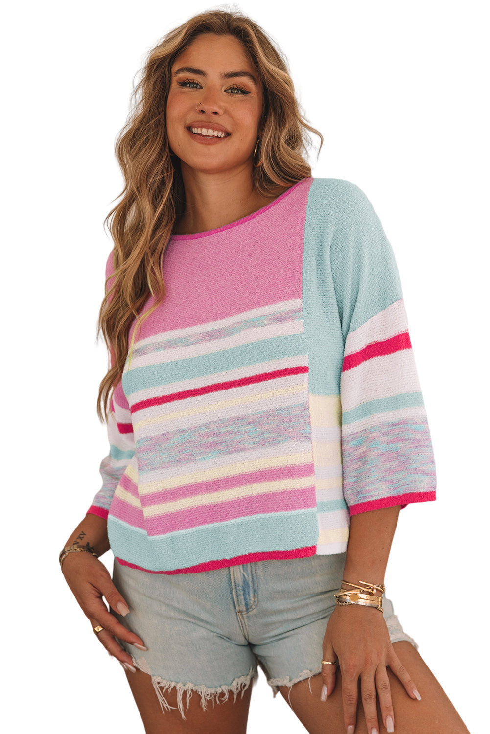 Pink Color Block Striped Three-Quarter Sleeve Knitted Top