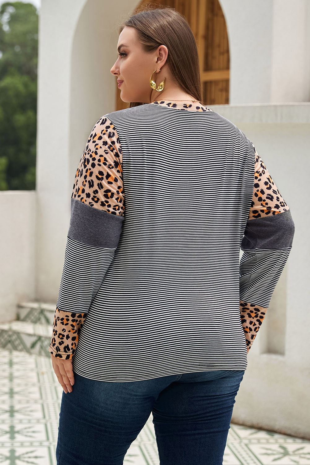 Leopard Plus Size Cow/Leopard Stripes Patchwork Long Sleeve Tee