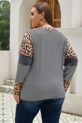 Leopard Plus Size Cow/Leopard Stripes Patchwork Long Sleeve Tee