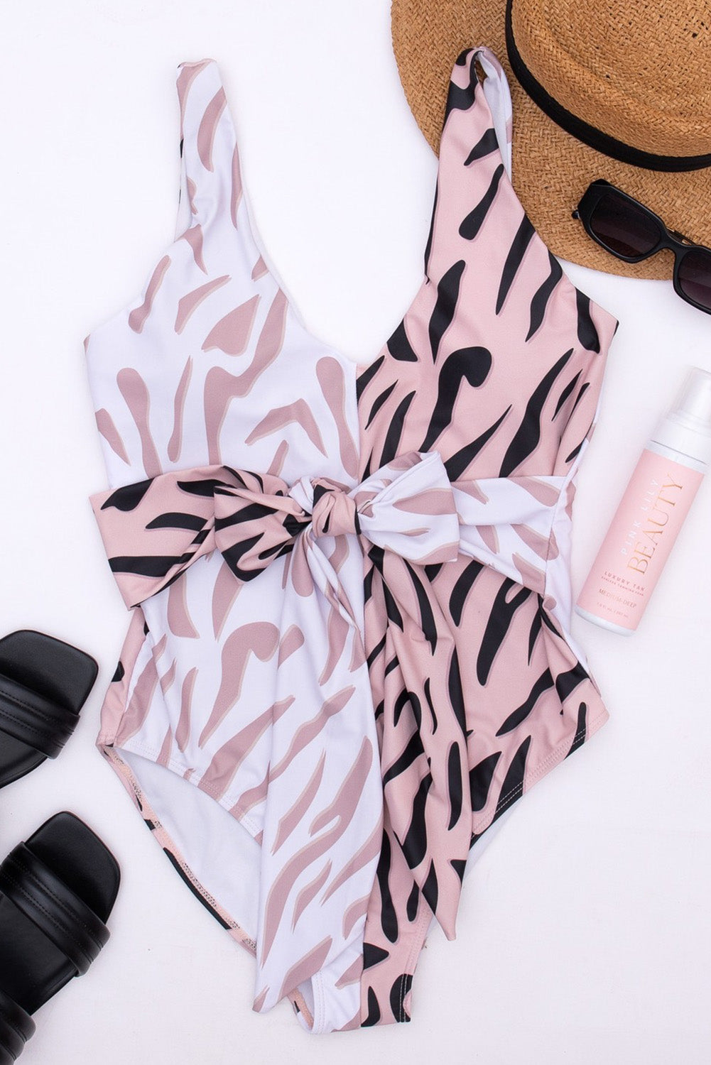 Khaki Two-tone Zebra Print One Piece Swimsuit