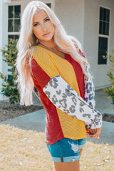 Leopard Color Block Waffle Knit V Neck Top