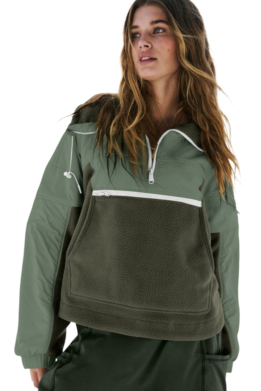 Brown Fleece Patchwork Color Block Zip Funnel Neck Sweatshirt