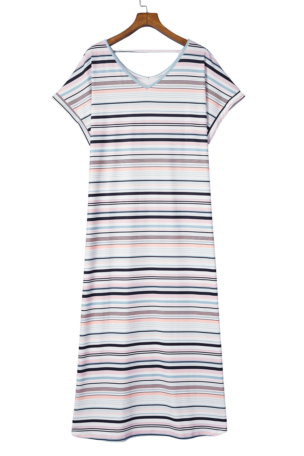 White Striped Print V Neck Side Split Plus Size Dress