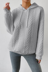 Gray Cable Textured Casual Drawstring Hoodie