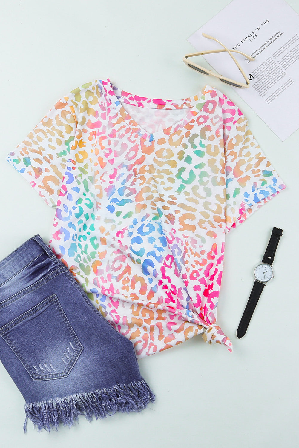 Colorful Leopard V Neck Short Sleeve Top