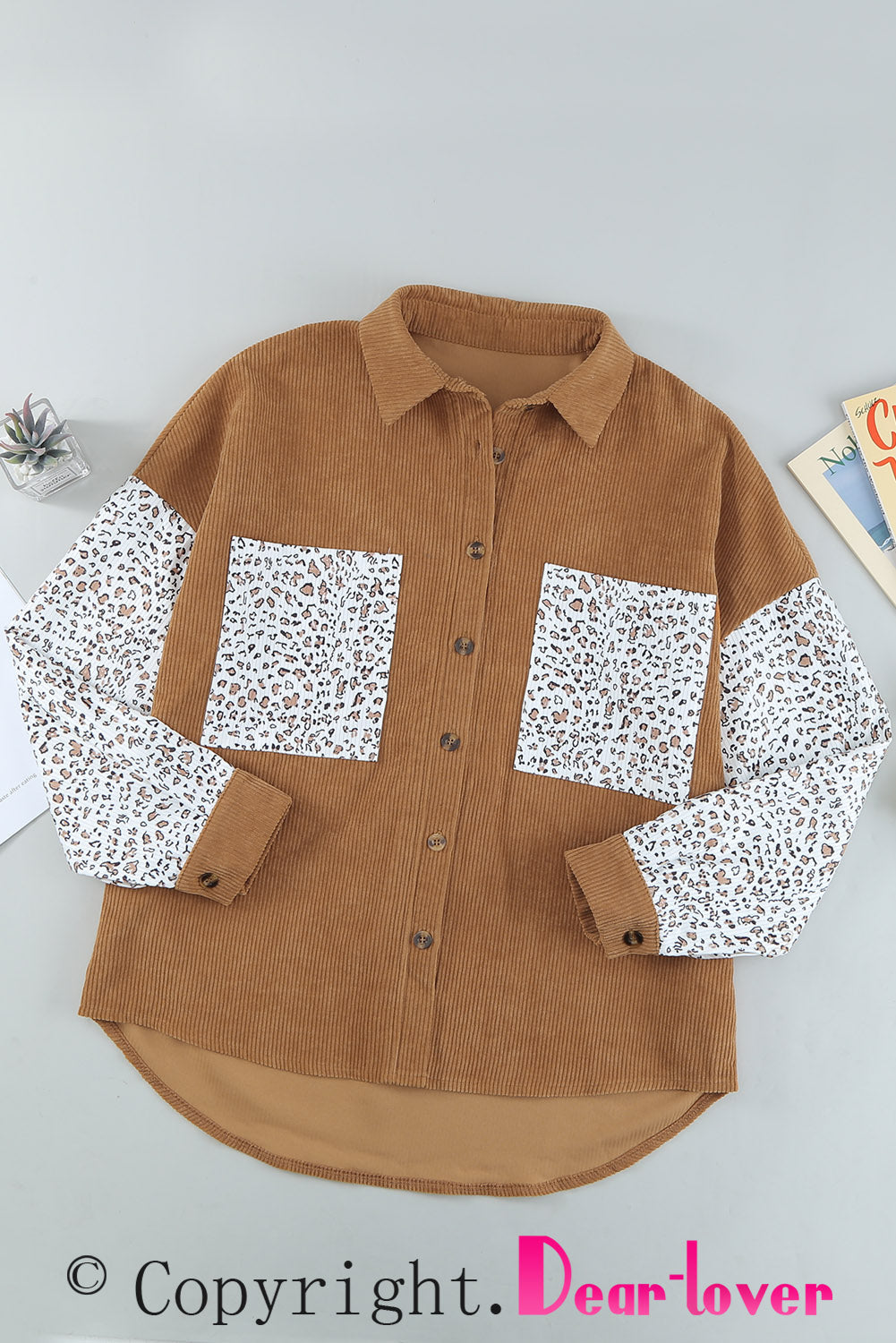 Gray Leopard Patchwork Corduroy Buttoned Shirt Jacket