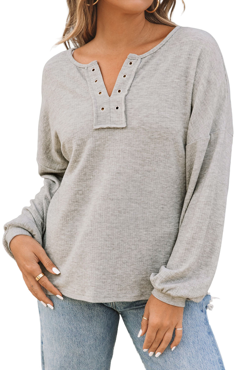 Gray Ribbed Drop Shoulder Long Sleeve Top