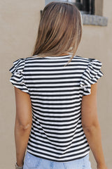 White Stripe Print Tiered Ruffled Sleeve Tee