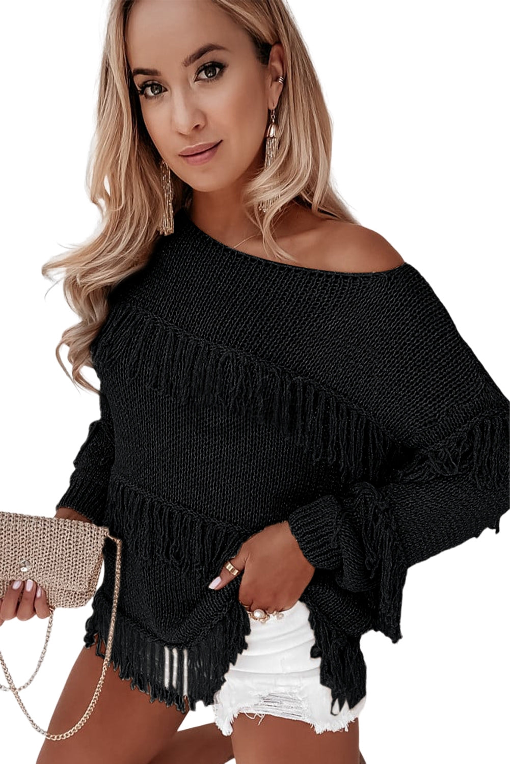 Black Boho Tasseled Knitted Sweater