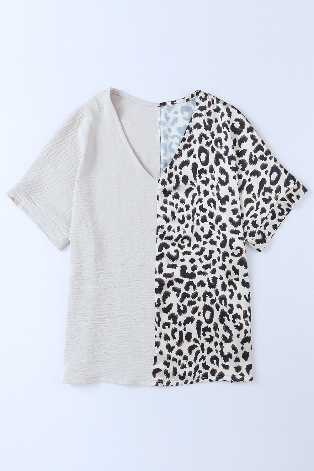 Rose Leopard Color Block Roll Tab Sleeve V Neck Top