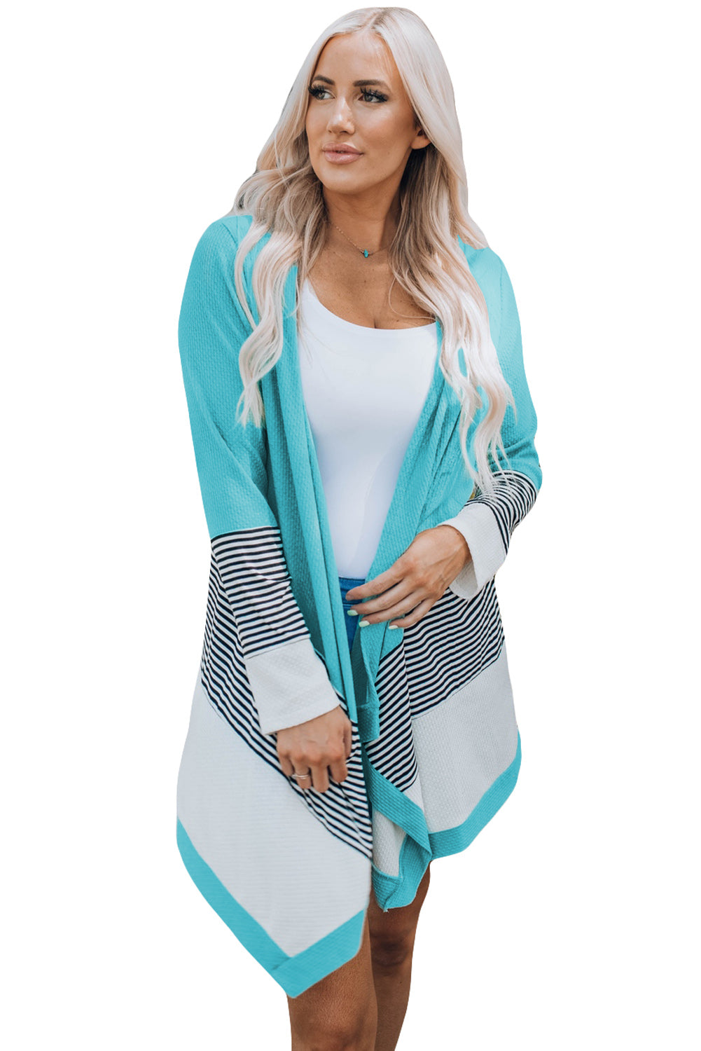 Sky Blue Loose Fit Stripe Colorblock Cardigan