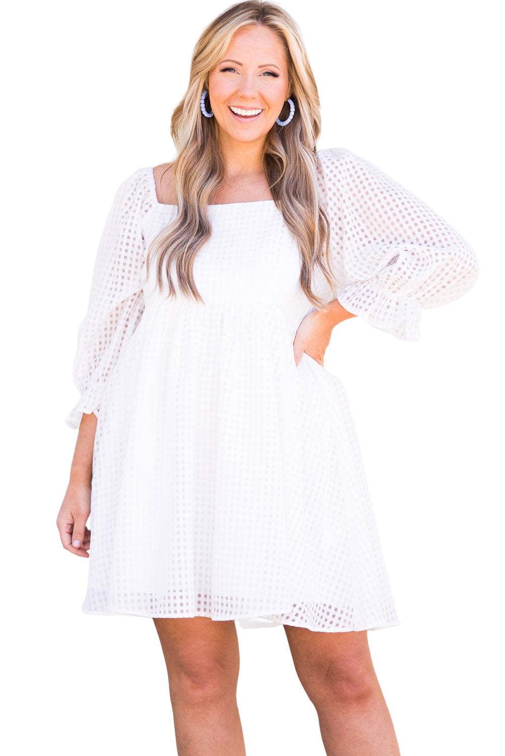 White Gingham Square Neck Puff Sleeve Plus Size Dress