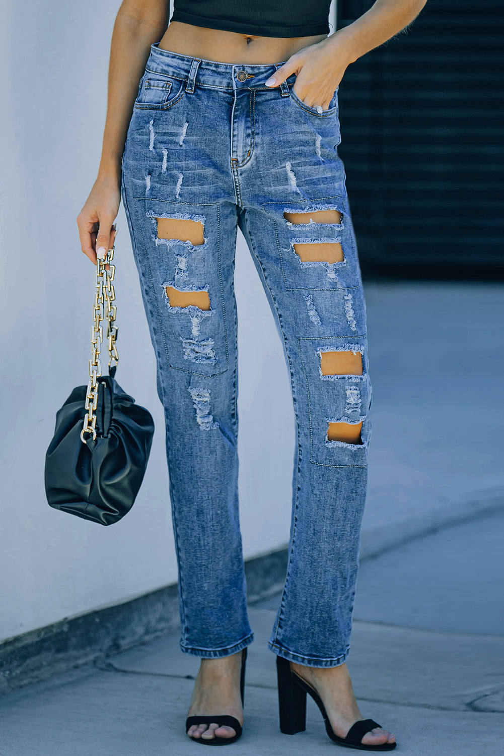 Sky Blue Buttoned Pockets Distressed Jeans