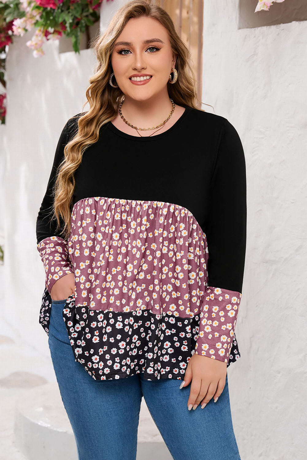 Black Floral Pattern Color Block Plus Size Pullover Top