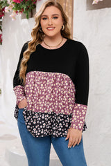 Black Floral Pattern Color Block Plus Size Pullover Top
