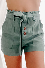 Green Button Fly Belted Paperbag Waist High Waist Casual Shorts