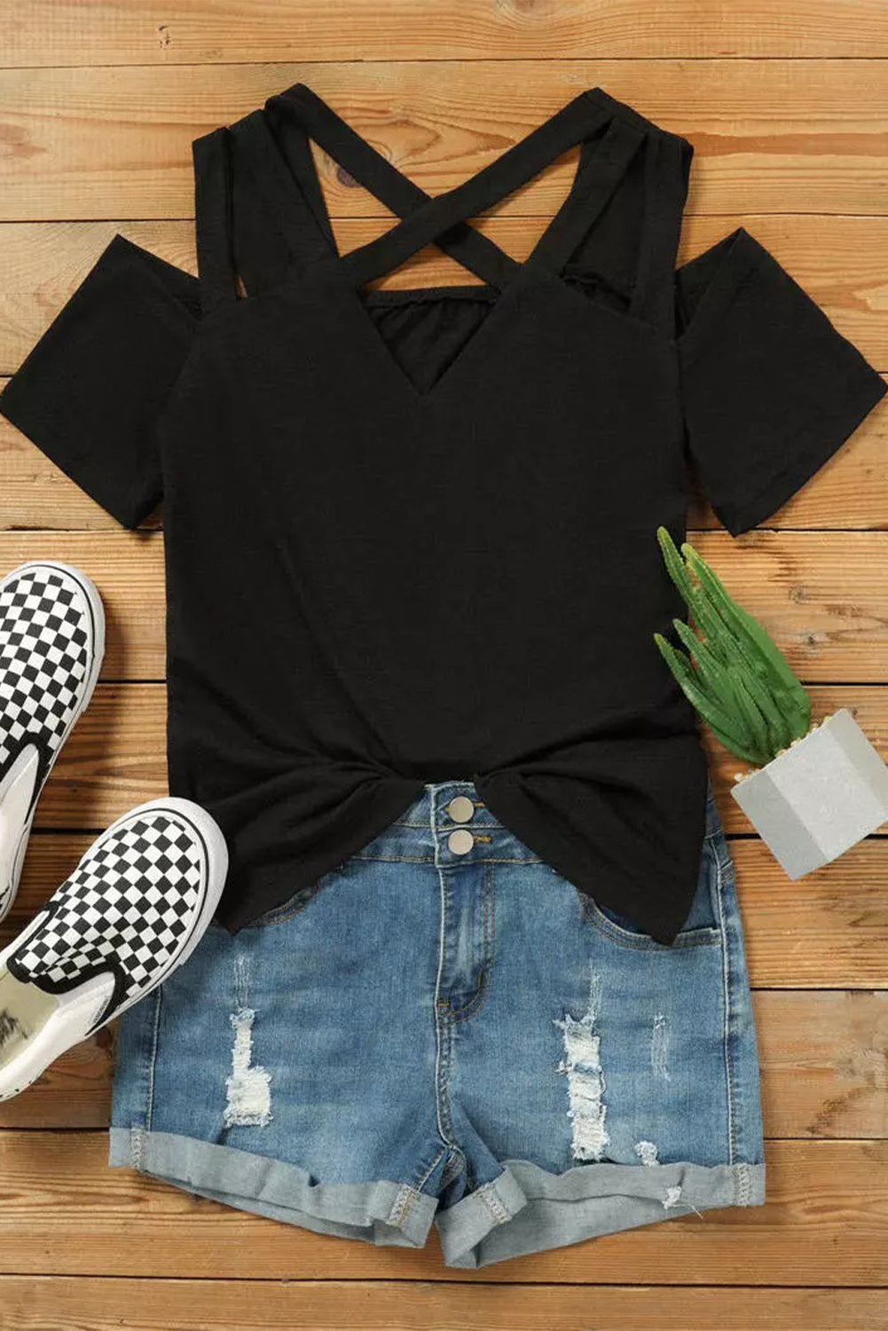 Black Criss-Cross Cut Out Short Sleeve Top